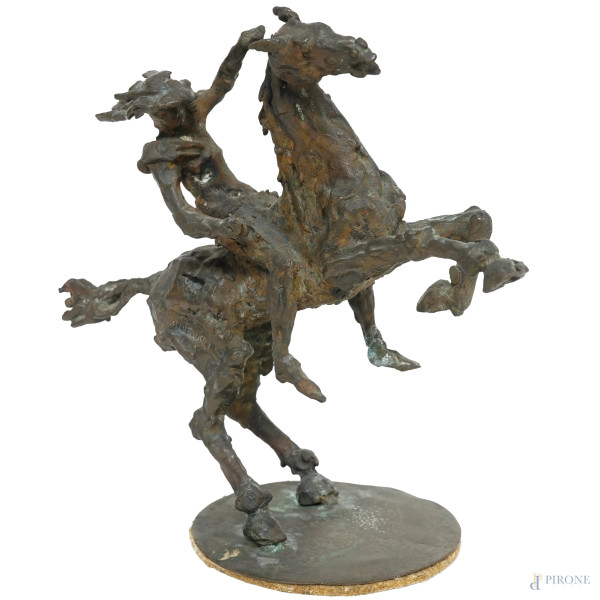 Angelo Canevari - Cavaliere a cavallo, bronzo, firmato "A. Canevari", cm 26x30