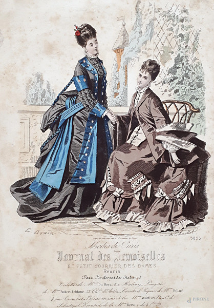 Scena galante di moda ottocentesca, 1880, illustrazione cromolitografica su carta, cm 27x17