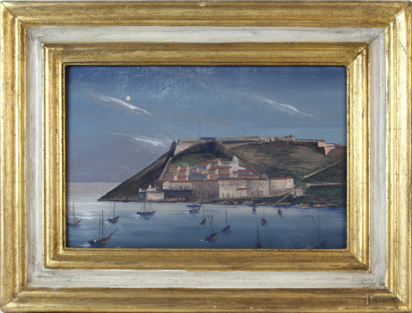 Veduta dell'Isola d'Elba, gouache su tela, cm 20x30, fine XIX secolo, entro cornice.