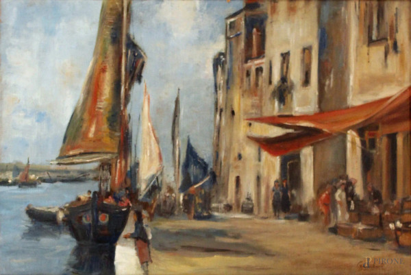 Marina di Chioggia, olio su tela, 70X45 cm, entro cornice firmato D.Galimberti.