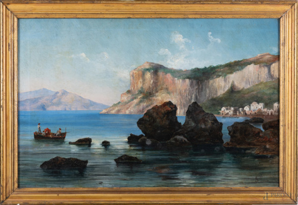 Costiera con case e pescatori, XX secolo, olio su tela, cm 66x101, firmato in basso a destra, entro cornice, (tracce di umidità, segni di usura)