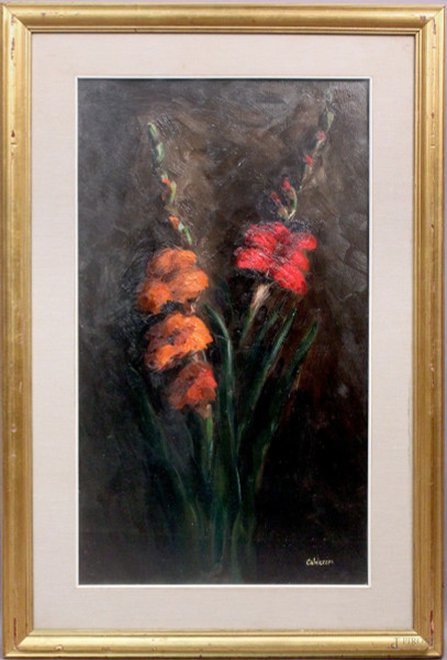 Fiori, olio su tavola, cm. 69x39, firmato, entro cornice.