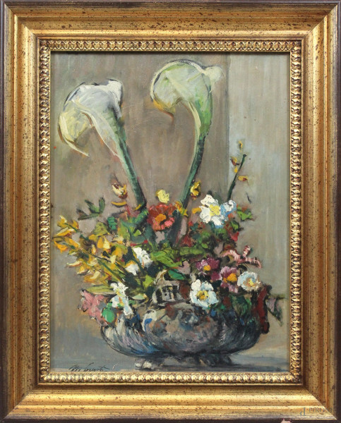 Vaso con fiori, olio su tavola, cm. 40x30, firmato, entro cornice.