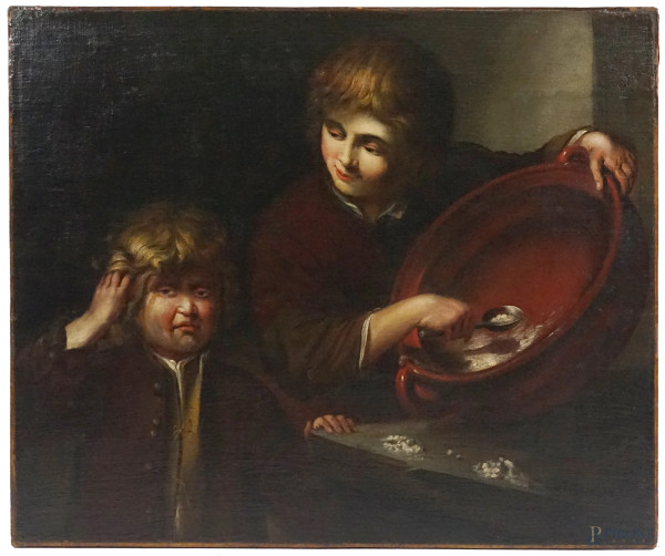 Seguace di Jan Miense Molenaer (1609/1610–1668), due bambini durante il pasto, cm h 70,5x85,5