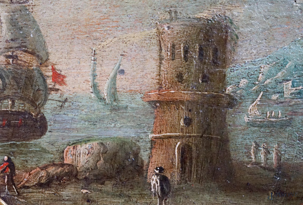 Sei piccoli dipinti tondi raffiguranti paesaggi, olio su tavola, XIX secolo, diametro tot. cm 18....