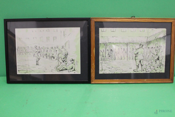 Scena di vita militare, coppia dipinti a tecnica mista su carta, 17x25 cm, entro cornice, siglato A.T.
