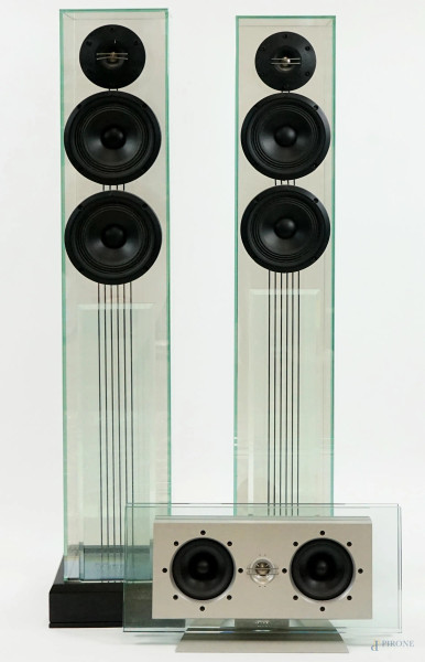 Tre diffusori Waterfall, con cabinet in vetro, misure diffusori a colonna cm h 100x21,5x21,5, diffusore da appoggio cm 21x42x16