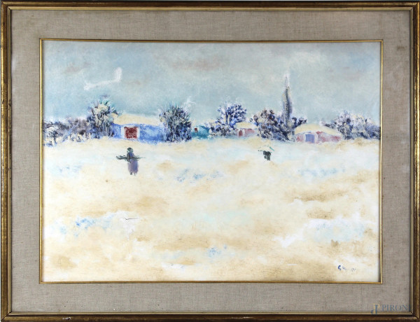 Paesaggio invernale, olio su tela, cm 50x70, firmato, entro cornice, (si segnala danno da urto alla tela).