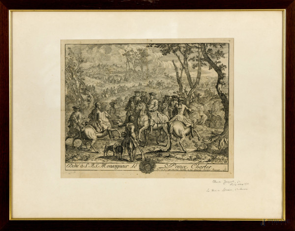 Incisione di Claude Jacquart, Scène de chasse, acquaforte e bulino, cm 33x41 entro cornice e passepartout (difetti)