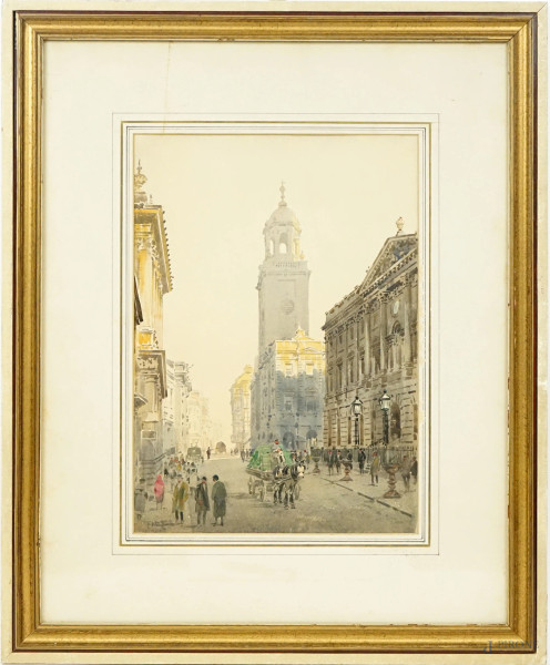 Arthur Charles  Fare - Corn street - Bristol, acquarello su carta, cm 34x24, entro cornice