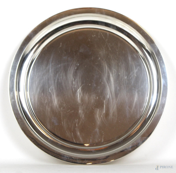 Vassoio in argento di linea tonda, diametro cm 28, gr 375