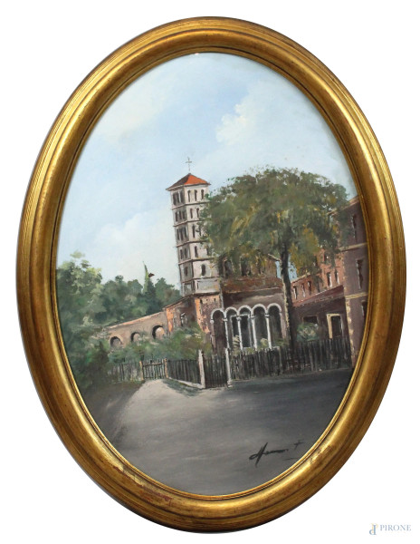 Paesaggio con campanile, olio su tela, cm. 70x50 ad assetto ovale, firmato, entro cornice.
