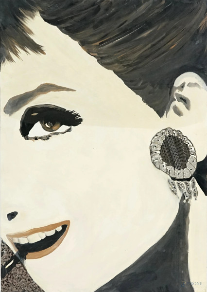Ritratto di Audrey Hepburn, tecnica mista su tela, XX secolo, cm 100x70
