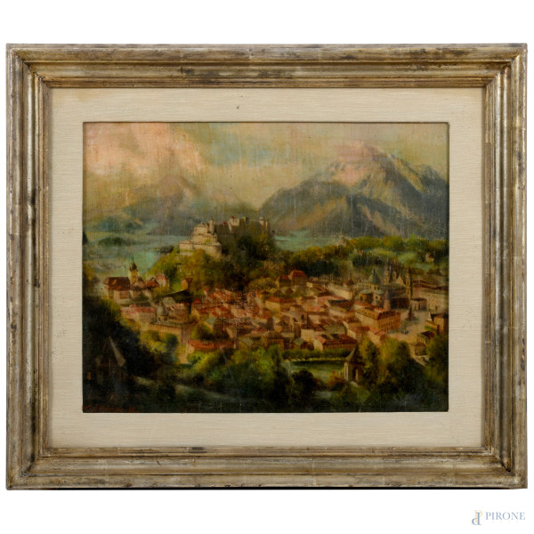 Paesaggio montano con città, olio su tela, cm 45x55, firmato, entro cornice