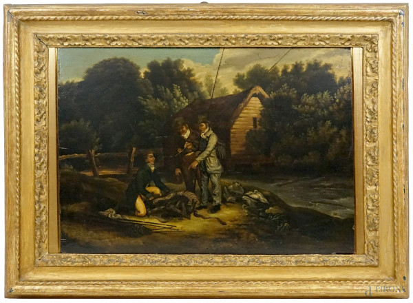 Pittore del XIX secolo, La pesca, olio su tavola, cm 39x54,5, entro cornice.