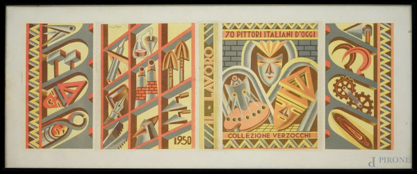 Fortunato Depero - Senza titolo, stampa a colori, cm 29,5x83, entro cornice.