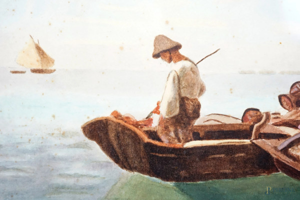 Pescatorello, acquerello su carta, XX secolo, cm 28x37, entro cornice