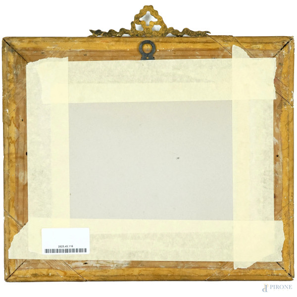 Uomo in abiti tradizionali che fuma il narghilè, acquerello su carta, XX secolo, cm 17x21 entro c...