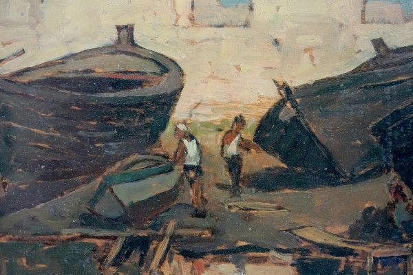 Calafati Livornesi, olio su tavoletta, cm 18x29, firmato in basso a sinistra, entro cornice, corr...