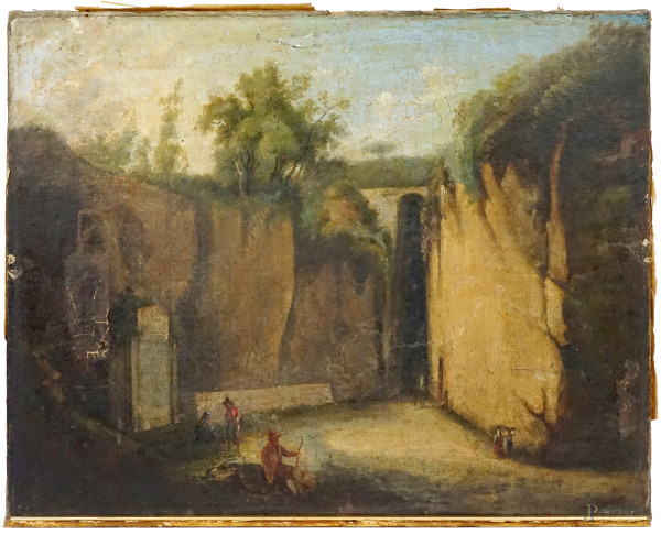 Pittore attivo alla fine del XIX secolo, La Grotta di Posillipo con figure, olio su tela, cm 52x42, (difetti).