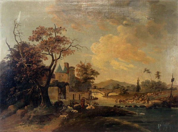 Pittore nordico del XIX secolo, Paesaggio fluviale con castello, figure ed armenti, olio su tela, cm 54,5x73, entro cornice.