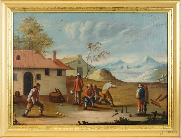 Scuola dell'Italia settentrionale del XVIII secolo, Paesaggio con scena di gioco, olio su tela, cm 45,5x63