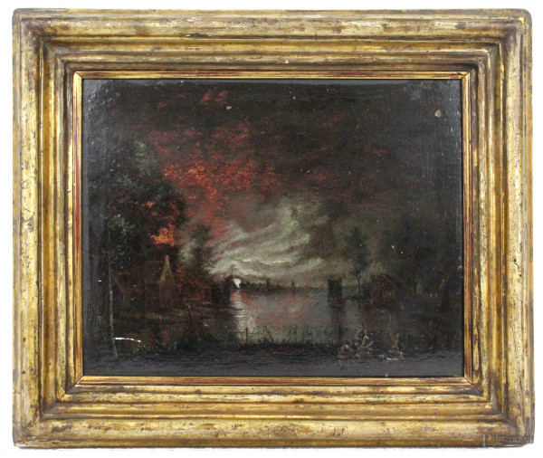 Pittore del XIX secolo, Paesaggio con figure, olio su tavola, cm. 19x24, entro cornice.