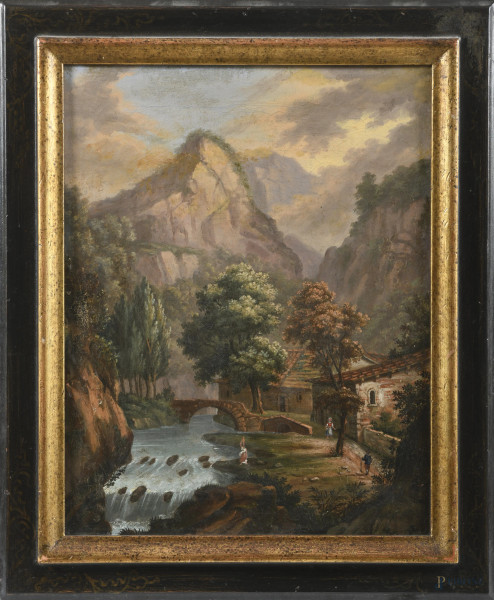 Paesaggio con ponte, XIX secolo, olio su tela, cm 42,5x32,5, entro cornice, (craquelure, sollevamenti di colore, piccole lacerazioni della tela, segni di battitura del telaio)