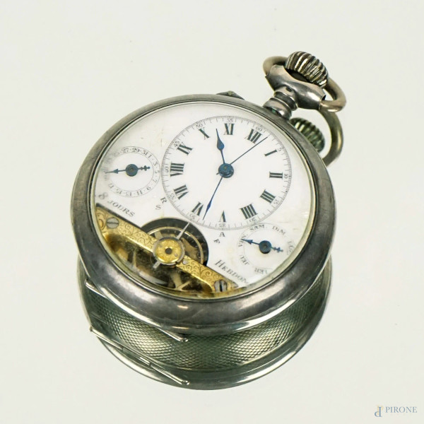 Orologio da tasca 8 Jours, con cassa in argento, Angre Bruxelles 1910, diam. cm 5, (difetti, meccanismo da revisionare)