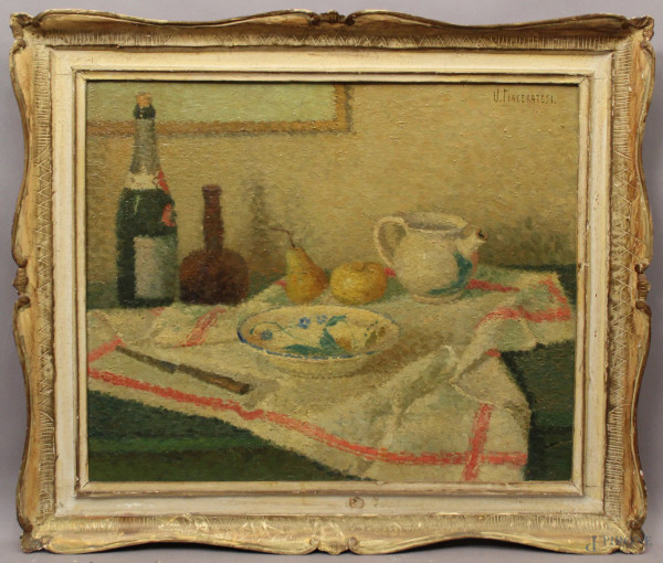 Natura morta, Frutta e vasellame, olio su tavola 55x65 cm, firmato V. Maceratesi, entro cornice.