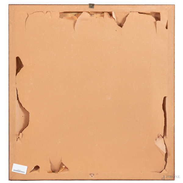 Tessuto con ricami, XIX secolo, cm 55,5x53, entro cornice (segni di usura, difetti)