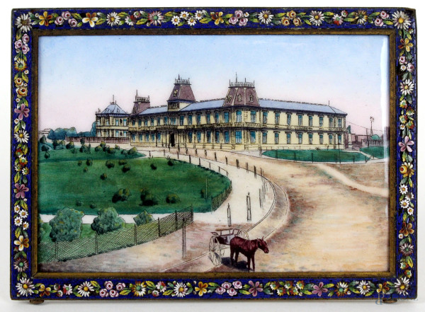 Miniatura raffigurante paesaggio con palazzo reale, smalto su rame, cornice a micromosaico, cm 9x12,5,  XIX secolo