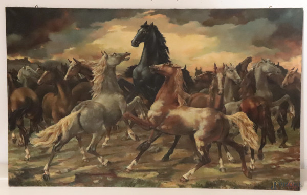 Mandria di cavalli, XX secolo, olio su tela, cm 136x222, firmato e datato "1979" in basso a destra