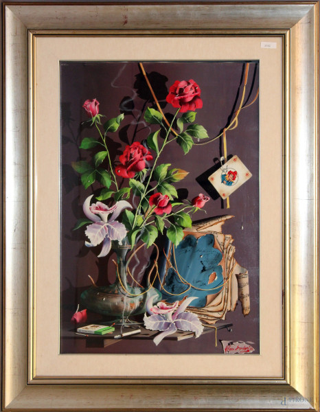 Alfano Dardari, Natura morta, fiori, sigaretta e carte, olio su tela, cm 50x70.