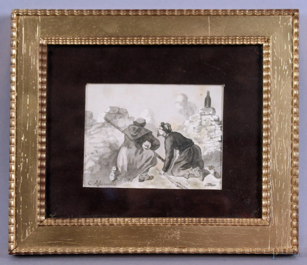 Carlo Ademollo - Soldati, acquarello su carta, cm. 9x11,5, entro cornice.