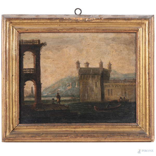 Lotto composto da quattro dipinti raffiguranti città fortificate, XVII secolo, olio su tela, misu...