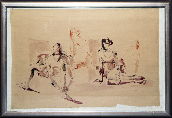 Franco Marzilli - Ballerine, olio su carta applicata su tela 65x100 cm, entro cornice.