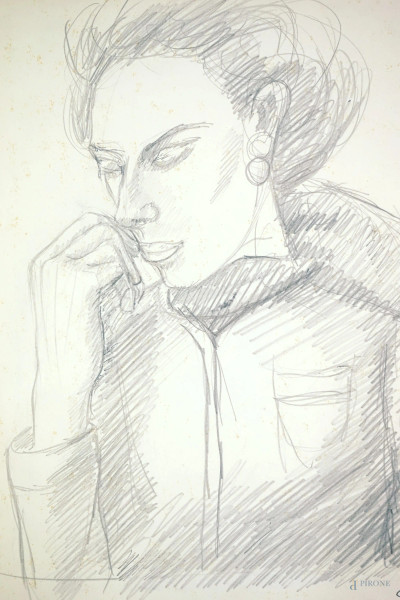 Donna assorta, matita su carta, cm 28x24,5, firmato G.Toscano, entro cornice, (macchie sulla carta).