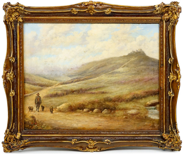 Pesaggio montano con pastore, olio su tela, cm 30x40, firmato e datato 1924, entro cornice.