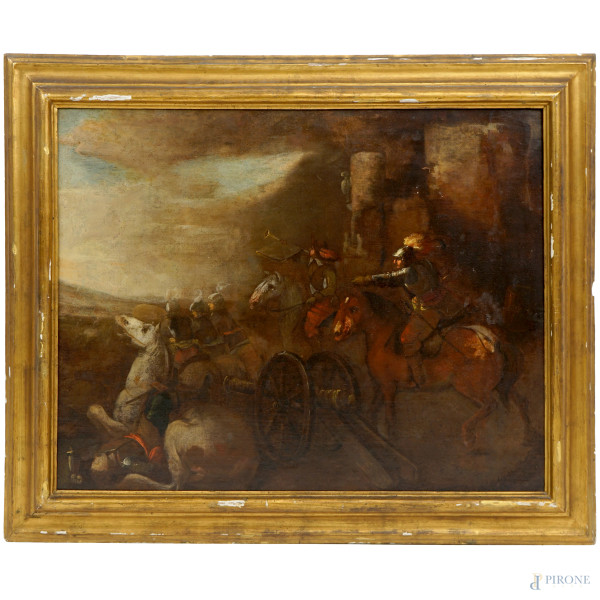 Scuola olandese del XVII secolo, Battaglia, olio su tela, cm 72,5x90, entro cornice