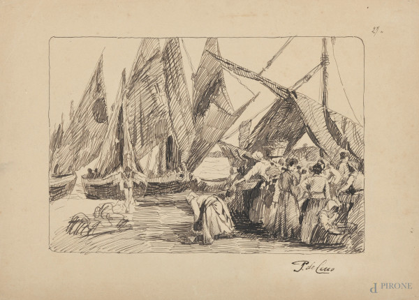Paolo De Cecco (1843-1922), In partenza, inchiostro su carta, cm 23,5x33, firmato in basso a destra, (segni di usura, bruniture, ossidazione della carta, foxing, piccoli fori ai margini)