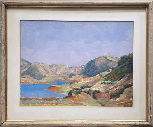 Artista chiarista del '900, Veduta del Lago di Canterno a Fiuggi, olio su tavola, cm 35x45, firmato, entro cornice