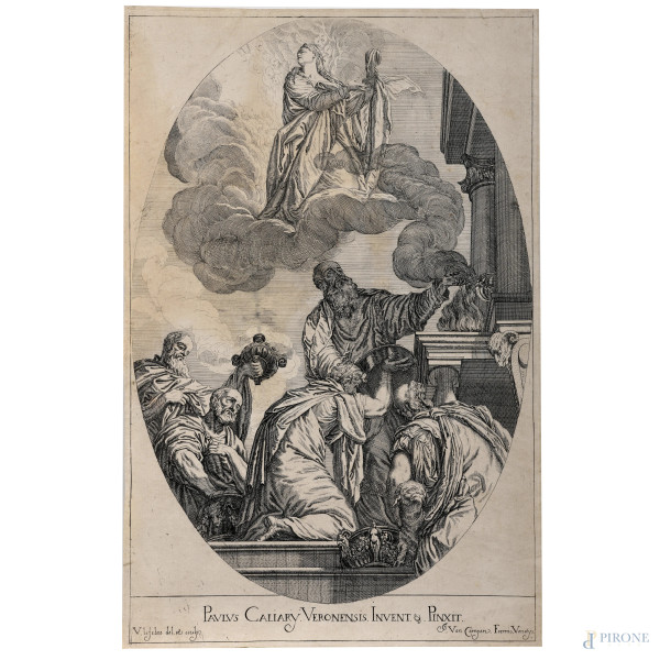 L'adorazione della Fede (da Paolo Veronese), incisione su carta, XVIII secolo, cm 46,5x30,5, (segni di usura, tracce di umidità, gore, foxing, lacerazioni della carta, tracce di piegatura)