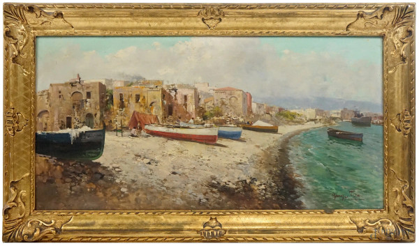 Giuseppe Pesa - Veduta costiera, olio su tela, cm 51x102, entro cornice.