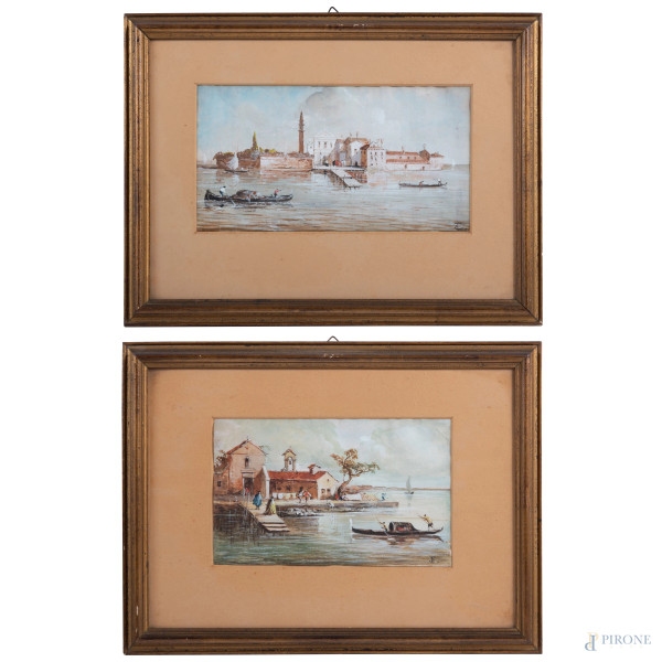 Coppia di dipinti raffiguranti vedute di Venezia, XIX-XX secolo, tecnica mista su carta, cm 14x25,5, siglato in basso a destra, entro cornice, (ondulazioni della carta)