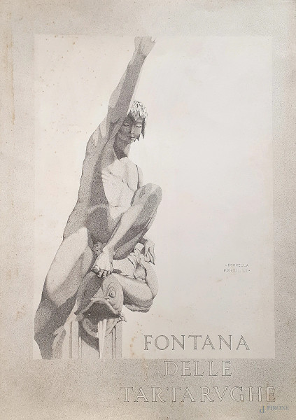 Artista del Ventennio, Fontana delle Tartarughe, china su carta, cm 70x50, firmato Rossella Formigli