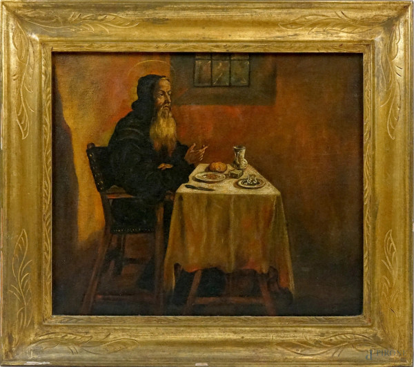 La cena di S. Benedetto, olio su tela, cm 30x35, copia da Friar Juan Rizi (1600-1681), XX secolo, entro cornice.