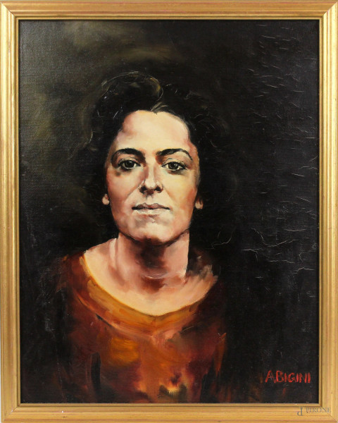 Ritratto di donna, olio su cartone telato, cm 44,5x35, firmato A.Bigini, entro cornice.