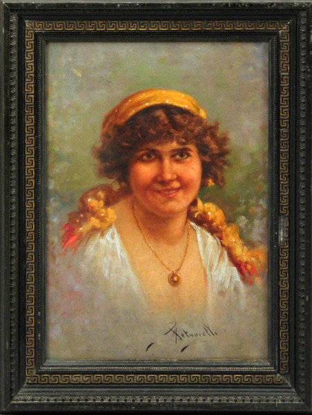 Ritratto di donna, olio su tela riportato su legno, 34x23 cm, entro cornice firmato A. Petrocelli