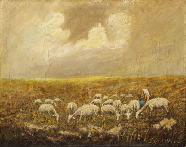 Paesaggio con pastorella e gregge, olio su tela, cm. 40x50, firmato.